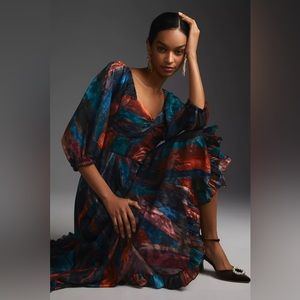 New Anthropologie Hutch Printed Twist-Front Puff-Sleeve Ruffle-Hem Dress 18W